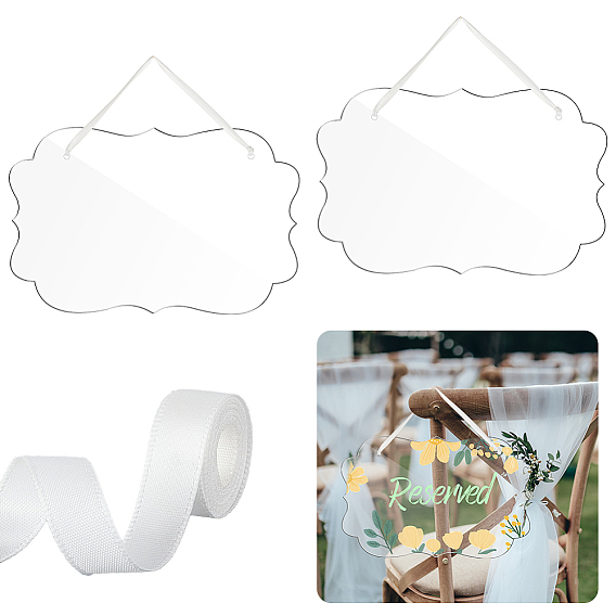 Волнистый прямоугольник акриловый пустой знак подвеска украшения, с односторонними атласными лентами из полиэстера