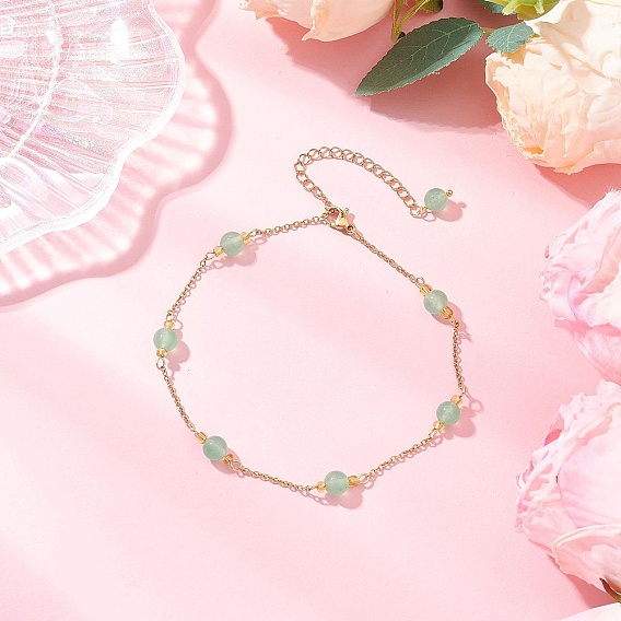 Окрашенный круглый натуральный малайзийский нефрит и 304 цепочка из нержавеющей стали, золотые