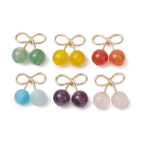 6 шт. 6 стили натуральный зеленый авантюрин, аметист, розовый кварц, окрашенный агат с трещинками, агат с рисунком «вены дракона» и окрашенный малайзийский нефрит круглые подвески, подвески-бантики с золотистой медной проволокой