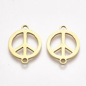 201 Stainless Steel Links Connectors, Laser Cut Links, Flat Round with Peace Sign