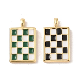 Rack Plating Brass Enamel Pendants, Cadmium Free & Lead Free, Long-Lasting Plated, Real 18K Gold Plated, Rectangle with Tartan Charm
