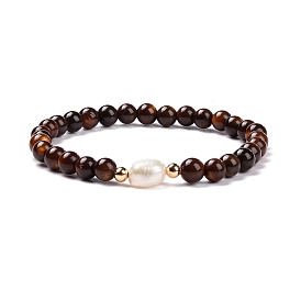 Round Dyed Natural Freshwater Shell Stretch Beaded Bracelets, with Natural Pearl and Brass Beads, Golden