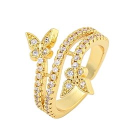 Butterfly Rack Plating Brass Micro Pave Cubic Zirconia Cuff Finger Rings, Cadmium Free & Lead Free, Long-Lasting Plated