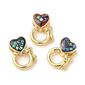 Brass Twister Clasps, with Enamel & Shell, Long-Lasting Plated, Lead Free & Cadmium Free, Real 18K Gold Plated, Heart