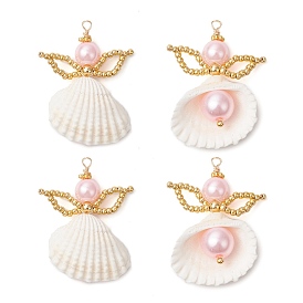 Подвески из моллюсков, ангел, со стеклянными бусинами и петлями из медной проволоки, реальный 18 k позолоченный