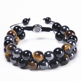 Natural Tiger Eye Double-layer Bracelet with Black Agate and Red Jasper for Men