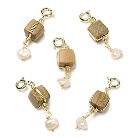 Wire Wrapped Verawood Cube Pendant Decorations, Natural Pearl Ornament with Brass Spring Ring Clasps