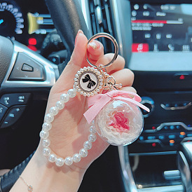Charming Pearl Necklace Keychain with Everlasting Flowers - Perfect Gift for Girls and Car Lovers!