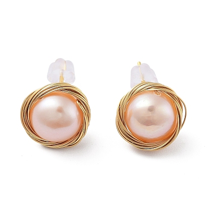 Natural Pearl Flat Round Stud Earrings, Brass Earrings with 925 Sterling Silver Pins