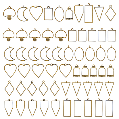60Pcs 10 Styles Rack Plating Alloy Triangle Open Back Bezel Pendants, for DIY UV Resin, Epoxy Resin, Pressed Flower Jewelry, Mixed Shapes