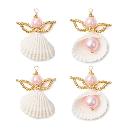 Подвески из моллюсков, ангел, со стеклянными бусинами и петлями из медной проволоки, реальный 18 k позолоченный