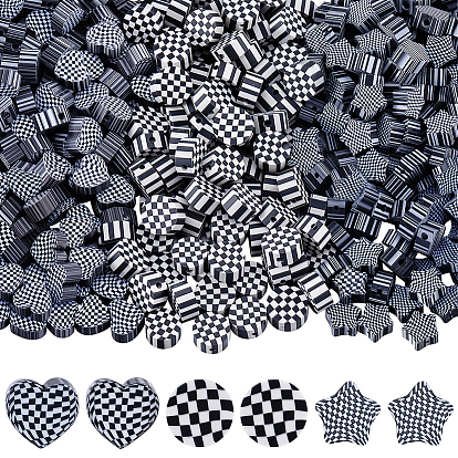 300шт. 3 стили, клетчатая тематика, бусины из полимерной глины ручной работы, чёрные
