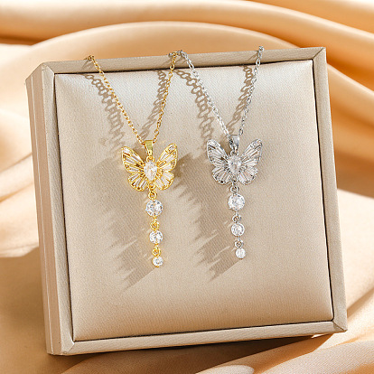 304 Подвески из нержавеющей стали, латуни и кубического циркония, бабочка