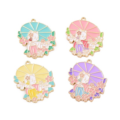 Подвески из эмали и сплава, золотые, кошка с зонтиком