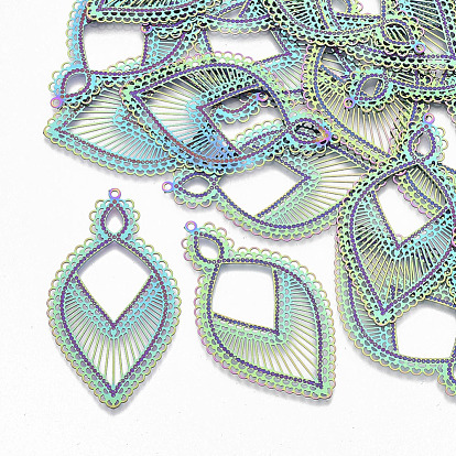 Ion Plating(IP) 304 Stainless Steel Filigree Big Pendants, Etched Metal Embellishments, Leaf
