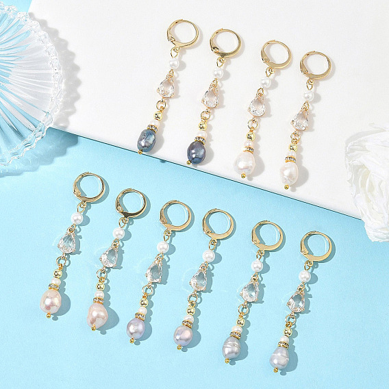 Серьги-кольца в форме капли из латуни с натуральным культивированным пресноводным жемчугом, с бусинами из перламутра, гальванизированными немагнитными бусинами из синтетического гематита, стеклом и фурнитурой из нержавеющей стали.