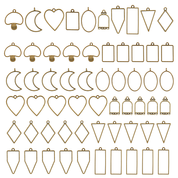 60Pcs 10 Styles Rack Plating Alloy Triangle Open Back Bezel Pendants, for DIY UV Resin, Epoxy Resin, Pressed Flower Jewelry, Mixed Shapes