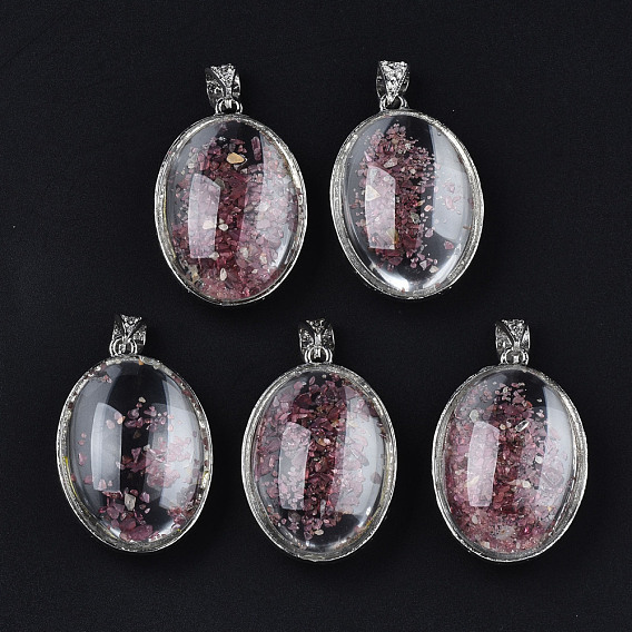 Transparent Glass Oval Pendants, with Shell Chip Beads Inside and Brass Findings, Platinum
