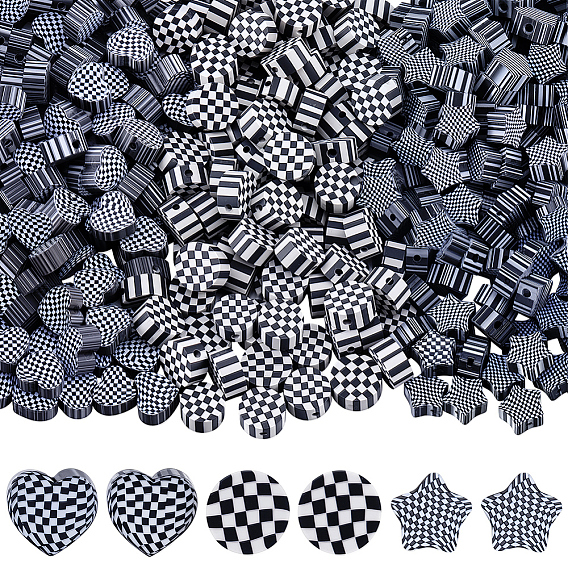 300шт. 3 стили, клетчатая тематика, бусины из полимерной глины ручной работы, чёрные