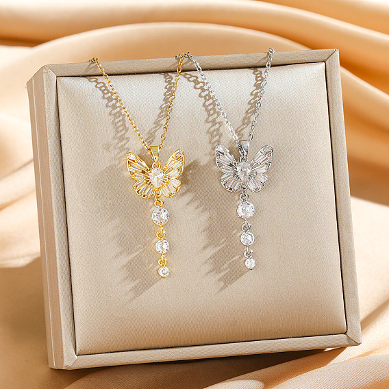 304 Подвески из нержавеющей стали, латуни и кубического циркония, бабочка