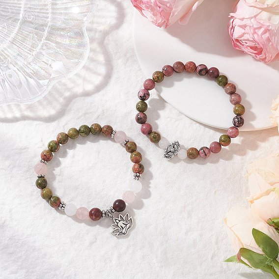 Природный драгоценный камень круглый бисерные браслеты простирания, браслеты с подвесками в виде лотоса из сплава для мужчин и женщин