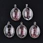 Transparent Glass Oval Pendants, with Shell Chip Beads Inside and Brass Findings, Platinum