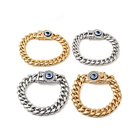 304 Stainless Steel Curb Chains Bracelet with Crystal Rhinestone, Resin Evil Eye Clasp Lucky Bracelet for Men Women