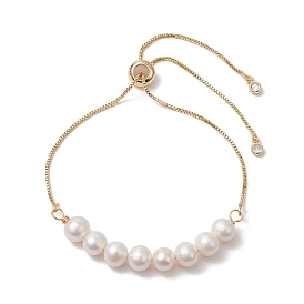 Adjustable Natural Cultured Freshwater Pearl Box Chain Slider Bracelets for Women, Golden