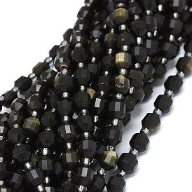 Natural Golden Sheen Obsidian, Beads Strands, with Seed Beads, Faceted, Bicone, Double Terminated Point Prism Beads