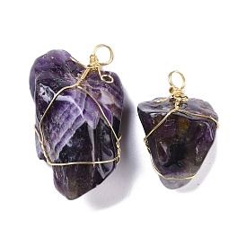 Raw Rough Natural Amethyst Copper Wire Wrapped Pendants, Nuggets Charms, Golden