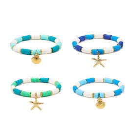 4 pcs 4 ensemble de bracelets extensibles heishi surfeur en argile polymère faits à la main, breloques en alliage en forme de coquillage et d'étoile de mer bracelets empilables pour femmes