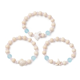 3 Pcs Synthetic Turquoise & Wood & Glass Beaded Stretch Bracelets for Boys Girls, Starfish/Tortoise/Dolphin