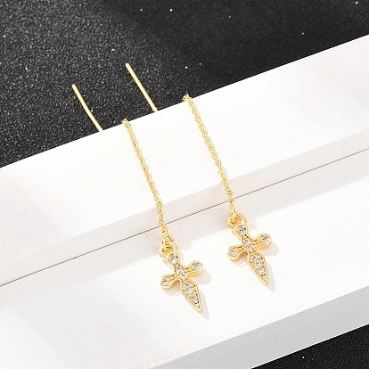 Латунный крест с микропаве и прозрачными кубическими циркониями, нить для ушной серьги, стойки покрытие, долговечный, без свинца и без кадмия