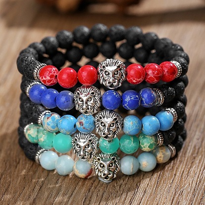 Браслеты из эластичной ткани с круглыми бусинами из натуральной лавовой породы и камня шоушань., Ювелирные изделия из сплава в виде льва для мужчин, окрашенные