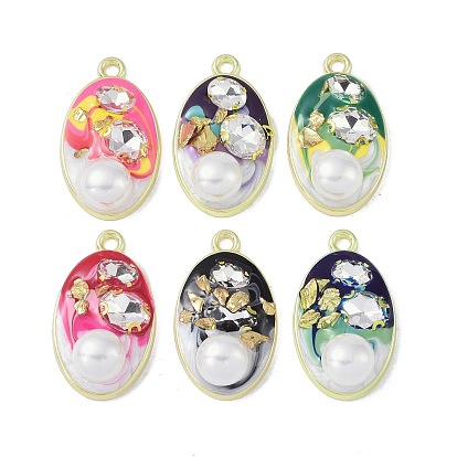 Rack Plating Alloy Enamel Pendants, with Resin, ABS Imitation Pearl Beads, Rhinestone and Glass Beads, Cadmium Free & Nickel Free & Lead Free, Oval