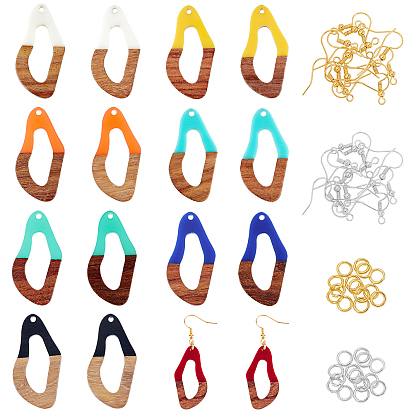 Kits de fabricación de pendientes colgantes de bricolaje, 16 piezas 8 colores resina ovalada retorcida y colgantes de madera de nogal, Pendientes de latón con ganchos y anillos de salto.