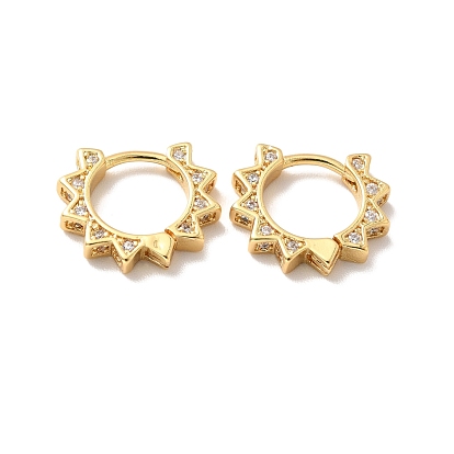 Clear Cubic Zirconia Sun Shape Hoop Earrings, Brass Hinged Earrings for Women, Cadmium Free & Nickel Free & Lead Free