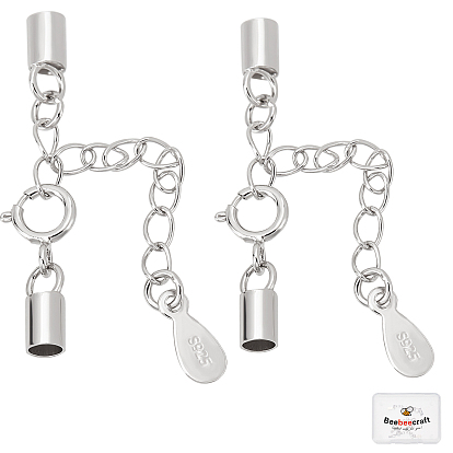 4 conjuntos 2 estilo 925 extremos de cordón de plata esterlina, con cadenas de extensor, dijes de lágrima y cierres de anillo de resorte