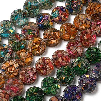 Окрашенная натуральная императорская яшма с нитями смоляных бусин, плоско-круглые