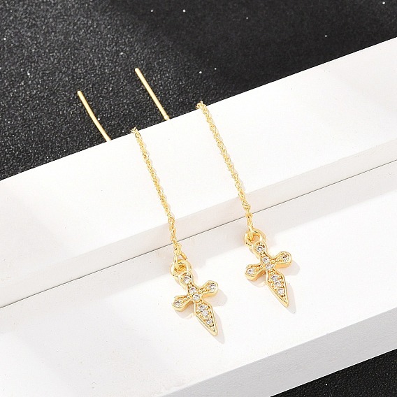 Латунный крест с микропаве и прозрачными кубическими циркониями, нить для ушной серьги, стойки покрытие, долговечный, без свинца и без кадмия