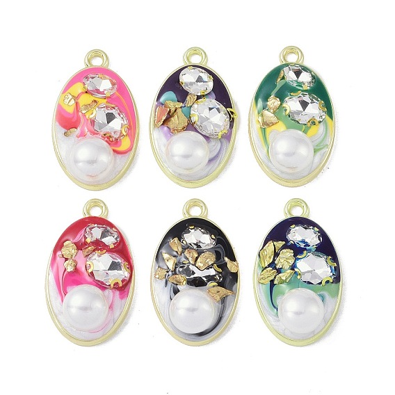 Rack Plating Alloy Enamel Pendants, with Resin, ABS Imitation Pearl Beads, Rhinestone and Glass Beads, Cadmium Free & Nickel Free & Lead Free, Oval