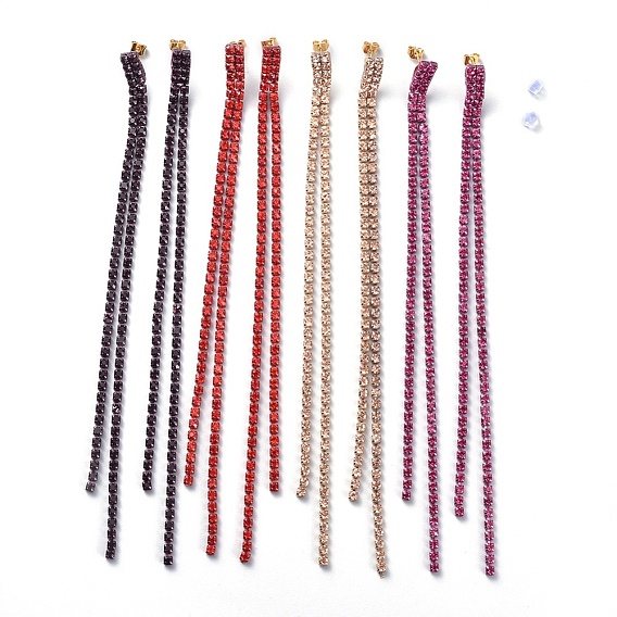 Tassel Earrings, with Brass Rhinestone Cup Chain, Golden Plated Brass Stud Earring Findings, Brass/Plastic Ear Nuts and Cardboard Packing Box