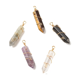 Pendentifs pointus de pierres précieuses naturelles, avec fil de cuivre doré enroulé, facette, balle