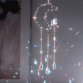 Copper Wire Wrapped Natural Quartz Crystal Hanging Suncatchers, with Glass Teardrop, for Window Garden Decorations, Moon & Sun