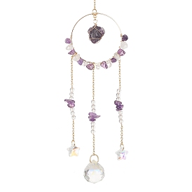 Glass Teardrop & Star Pendant Decoration, with Natural Amethyst & Quartz Crystal Bead and 304 Stainless Steel Cable Chains