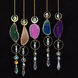 Natural Agate Piece Hanging Ornaments, Metal Moon & Ring and Glass Cone Tassel Suncatchers for Home Outdoor Decoration