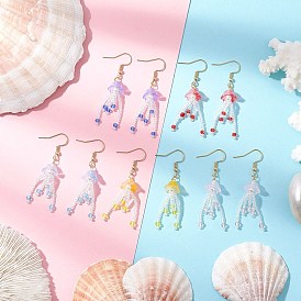 304 из нержавеющей стали болтаться серьги, с подвесками из плетеного стекла в виде медузы и стеклянными бусинами, золотые