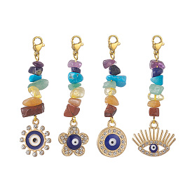 Chakra Gems Chip Evil Eye Pendant Decorations, Alloy Crystal Rhinestone Ornament with Stainless Steel Lobster Claw Clasps