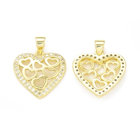 Rack Plating Brass Micro Pave Clear Cubic Zirconia Pendants, Cadmium Free & Lead Free, Long-Lasting Plated, Hollow Heart Charm