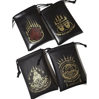 Сумки для хранения тайских амулетов Будды из черной искусственной кожи с принтом и завязками, прямоугольные